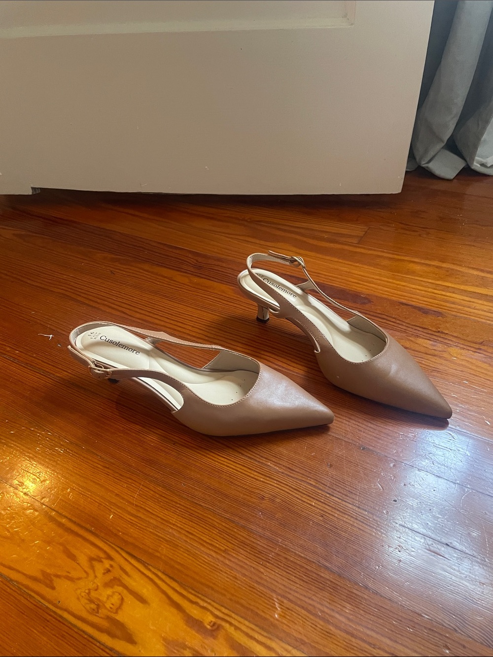 Pointed Taupe Slingback Kitten Heels
